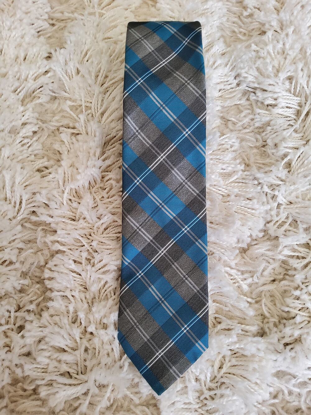 JF J Ferrar Men's Slim Tie Metallic Teal Grey Silver Plaid Shimmer Necktie